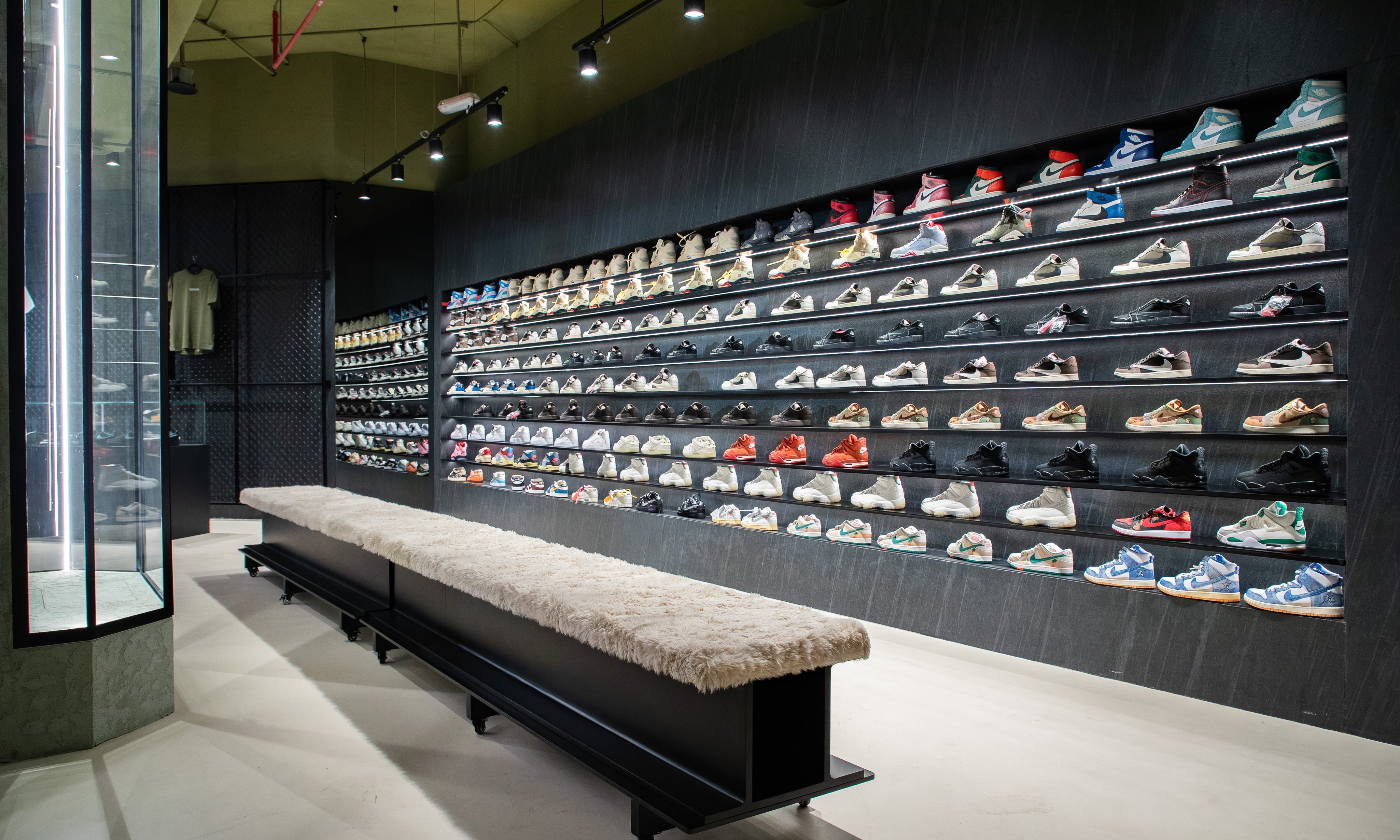 The sneaker wall inside the Send Location store in Umm Al Sheif, Dubai