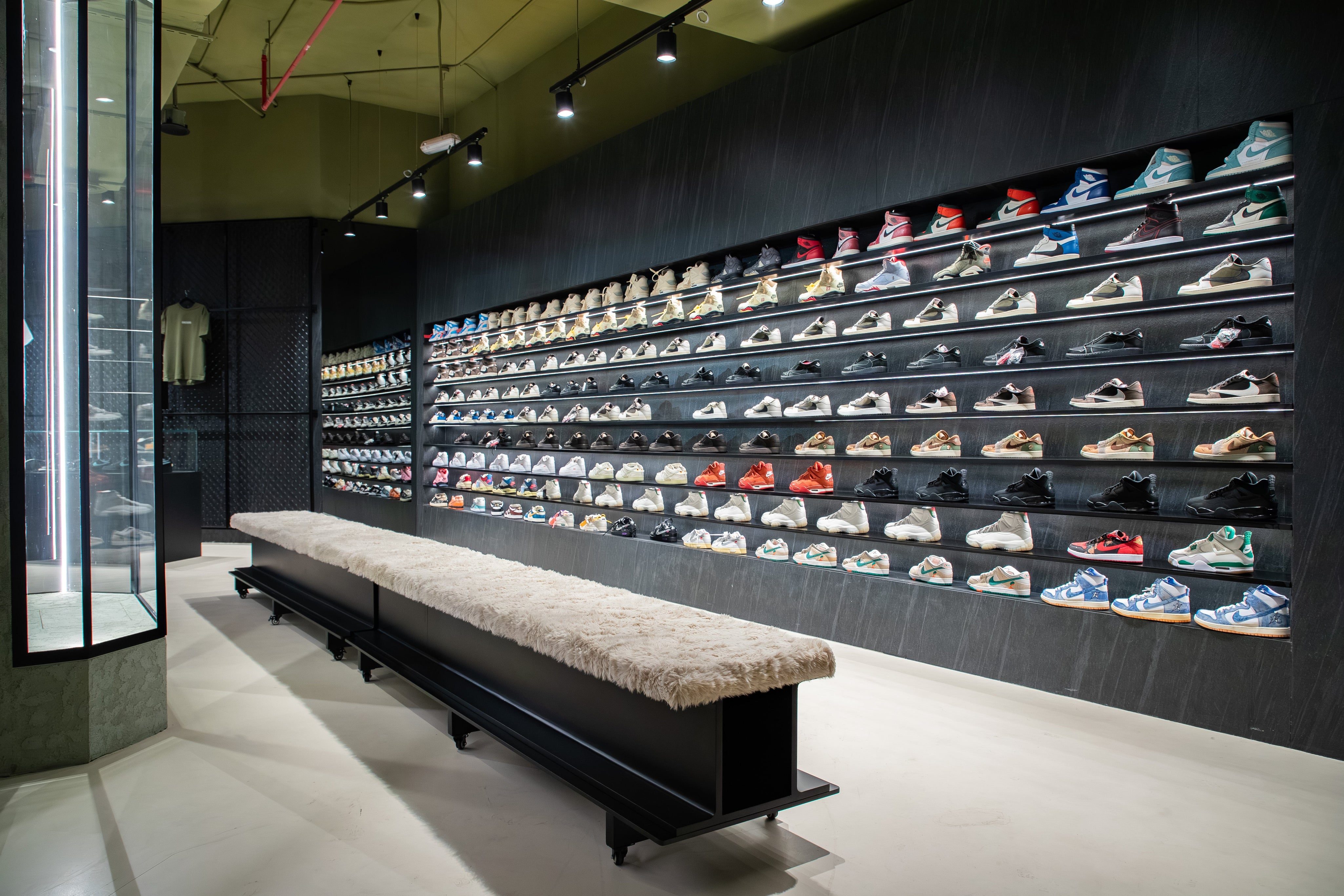 The sneaker wall inside the Send Location store in Umm Al Sheif, Dubai